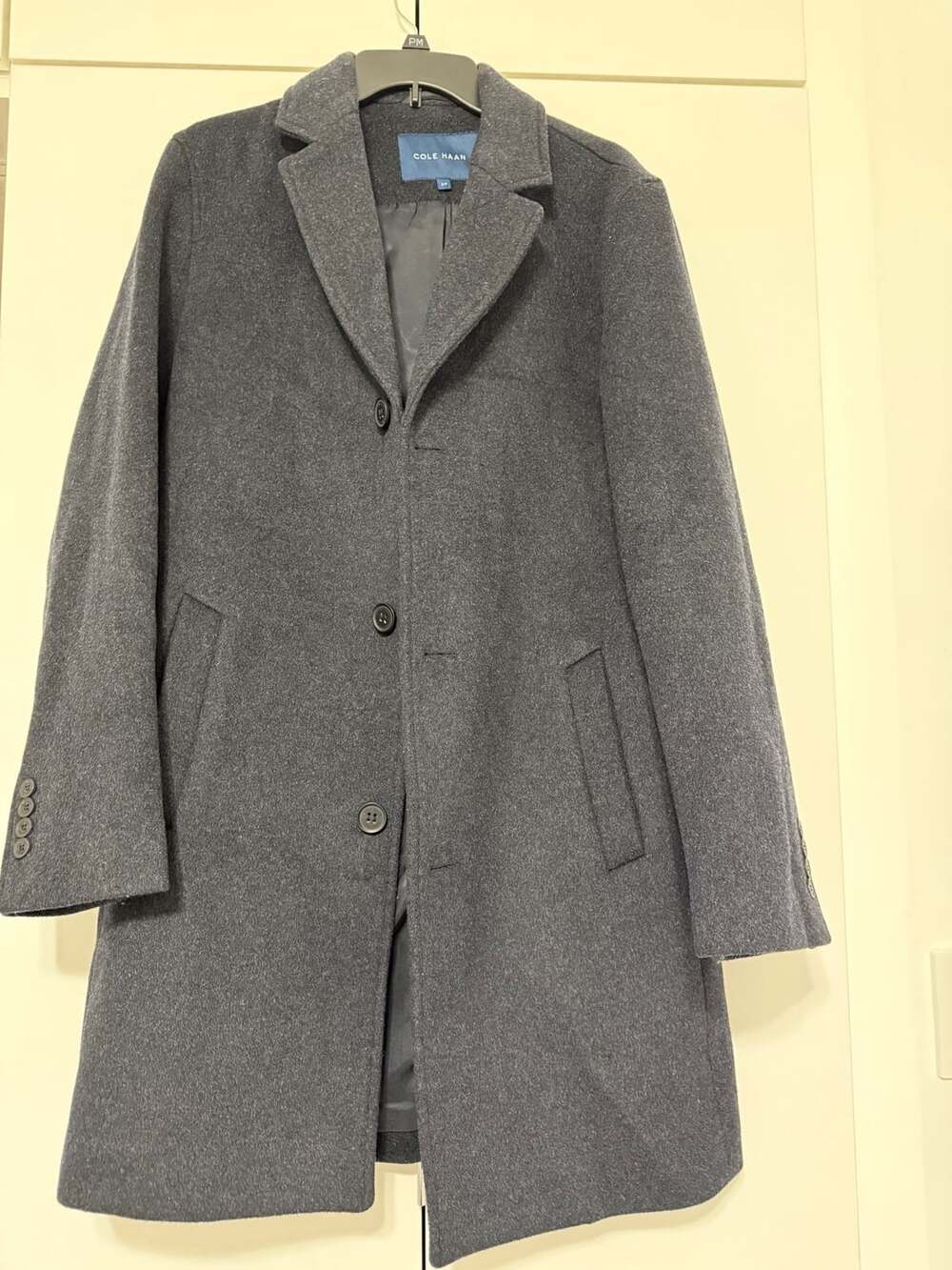Cole Haan Mens Charcoal Gray Wool Blend Notched Lapel Top Coat Size S